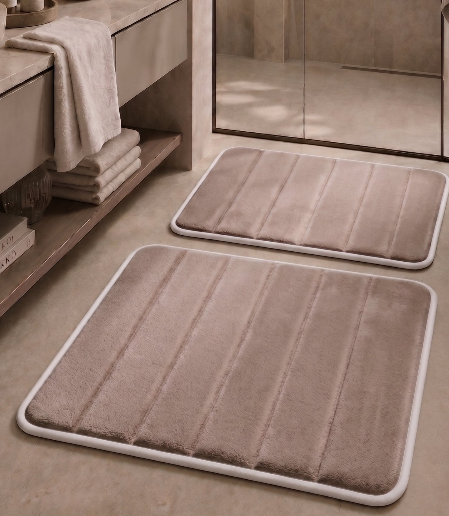 Süngerli Banyo Paspas Seti 2'li - Bej (60x80 cm & 40x70 cm)