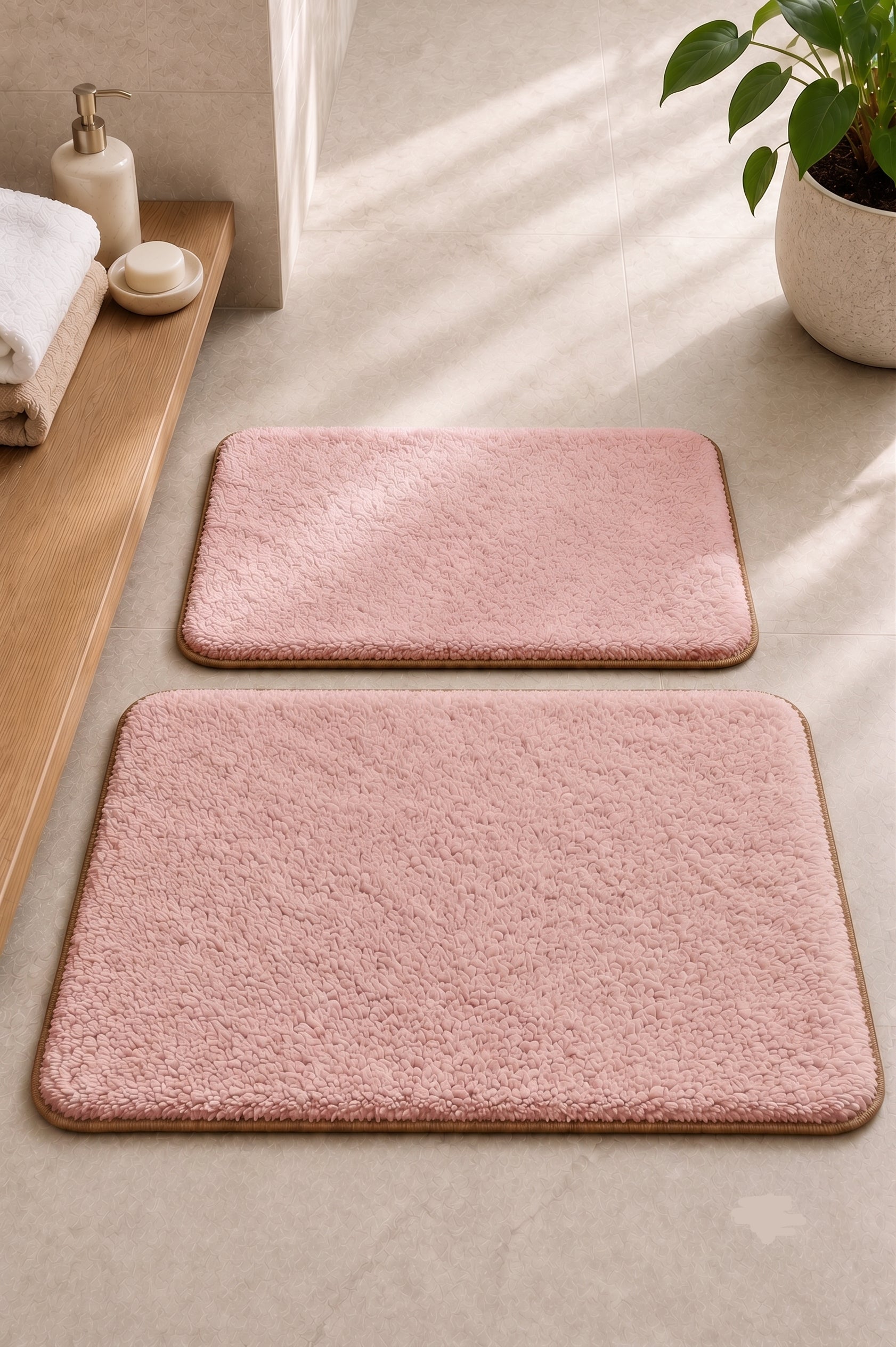 Kaydırmaz Banyo Paspası Seti - 2'li Peluş Banyo Halısı Pembe