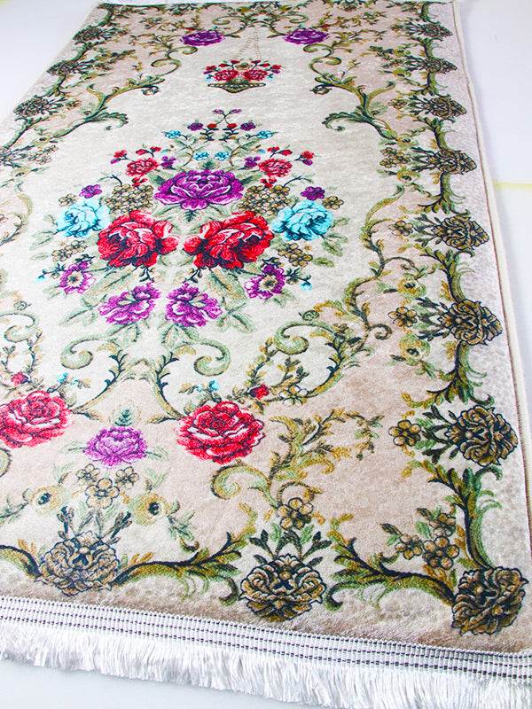 3 CM Süngerli Ortopedik Seccade - Gri Çiçek Desenli Lüks Kadife Seccade - Carpetella