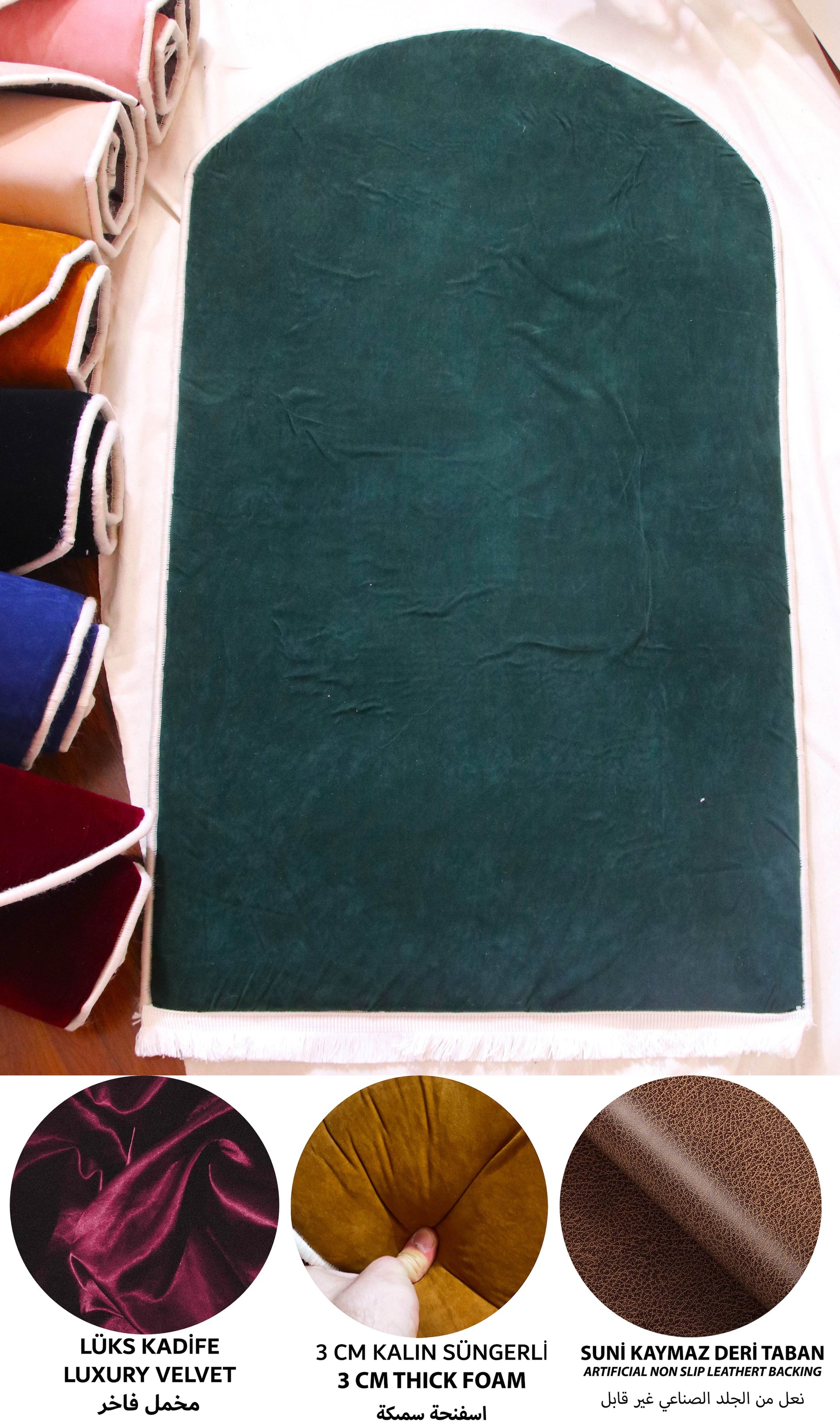 Düz Renk Desensiz Yeşil Kadife Seccade Ortopedik 3 CM Süngerli - Carpetella