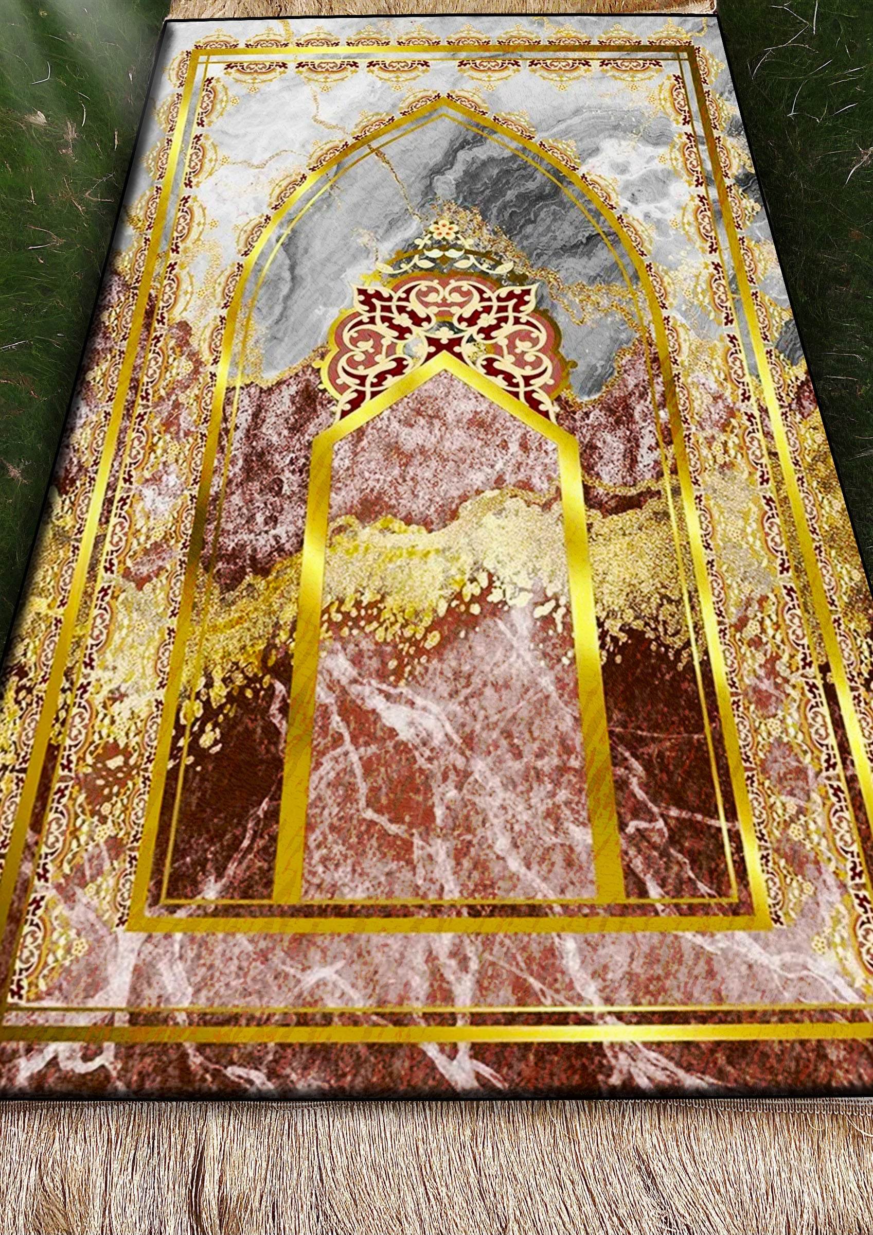 Gold Mermer Keten Astarlı Kadife Seccade - 70x120cm - Carpetella