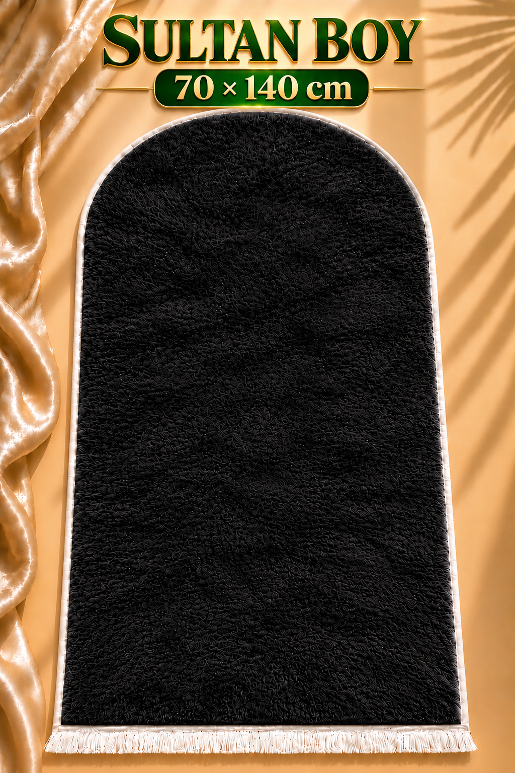 Sultan Boy Büyük Seccade Siyah 70x140 cm – Yumuşak Peluş, Kaymaz Tabanlı