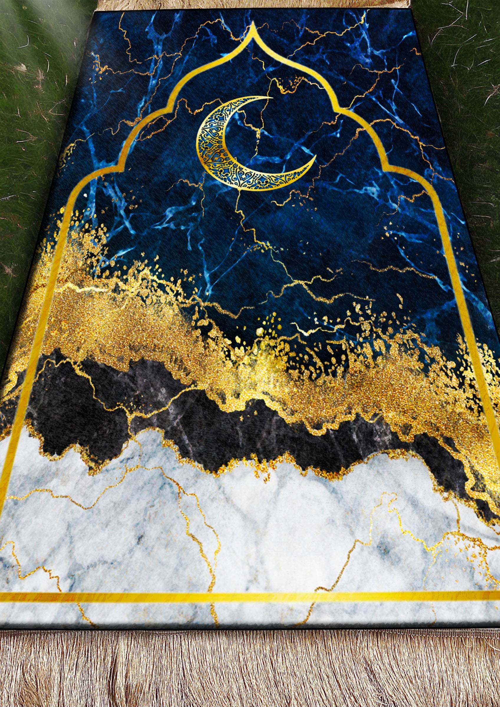 Lacivert Hilal Keten Kadife Seccade - 70x120cm - Carpetella