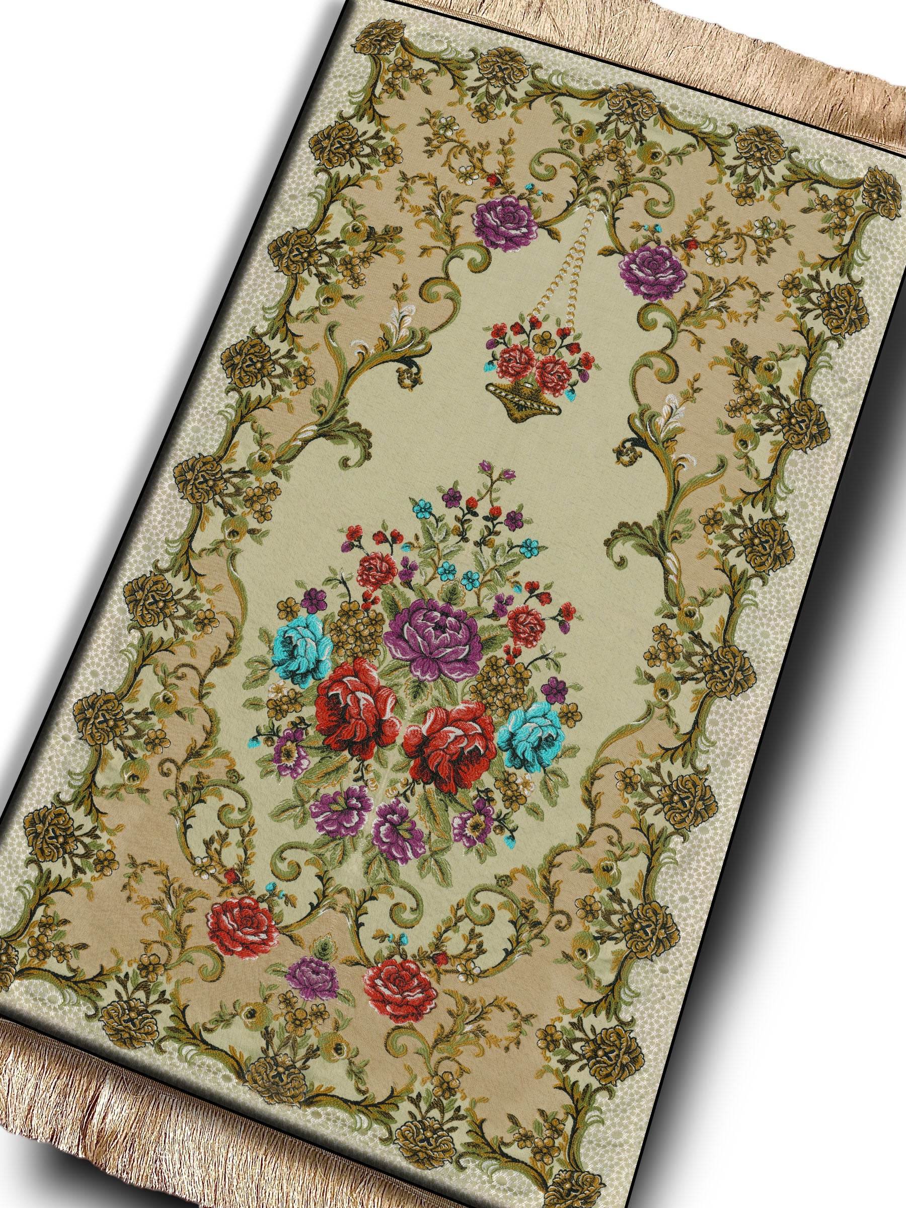 Renkli Çiçek Keten Astarlı Kadife Seccade - 70x120cm - Carpetella