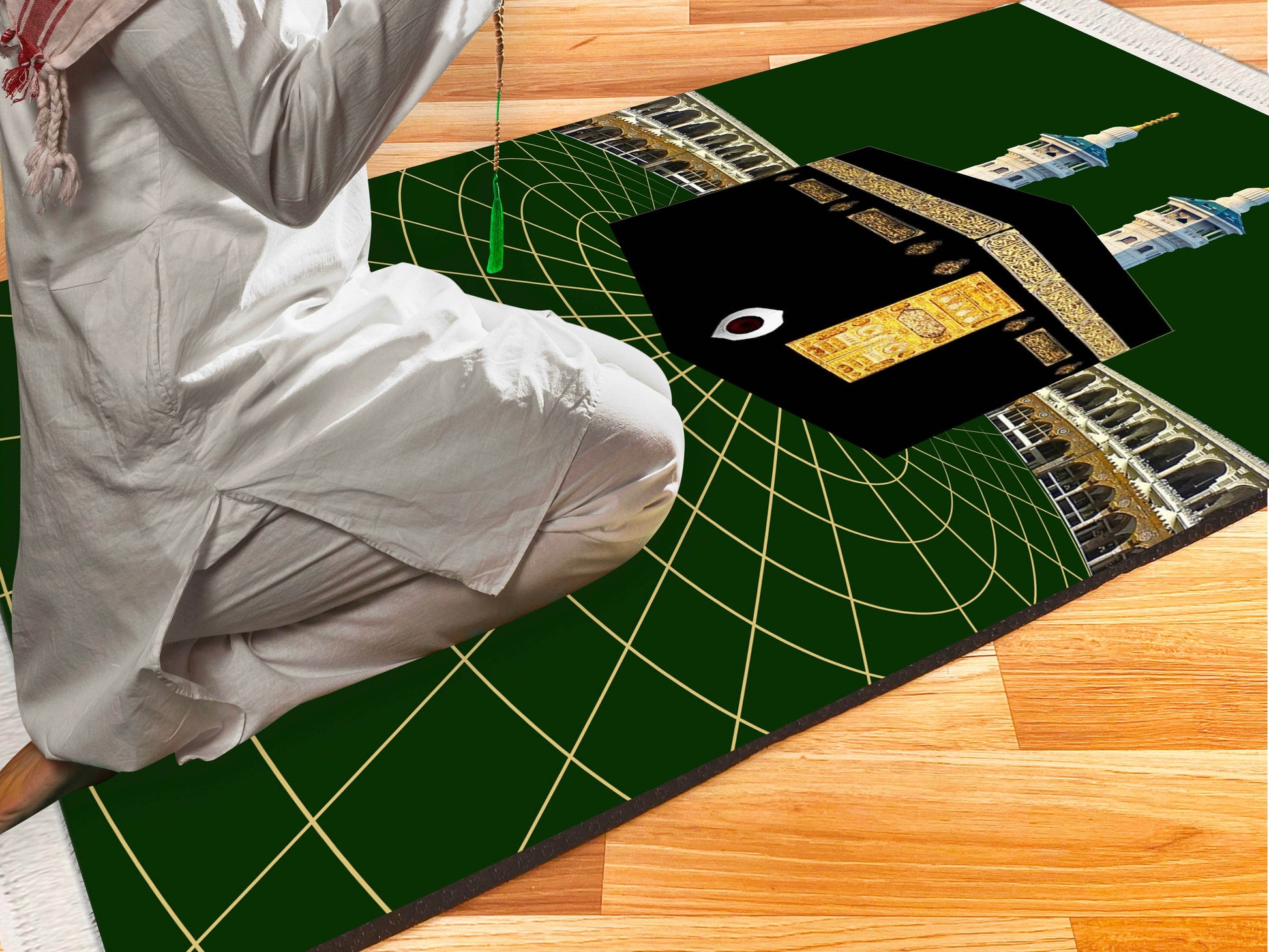 Yeşil Kabe Keten Astarlı Kadife Seccade - 70x120cm - Carpetella