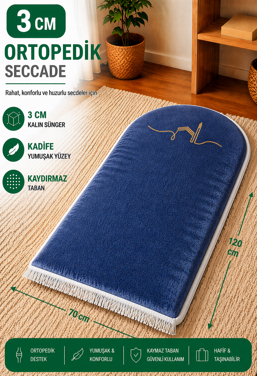 Lacivert  Kabe desenli 3 cm süngerli ortopedik kadife seccade, kalın yapılı ve kaymaz tabanlı 
