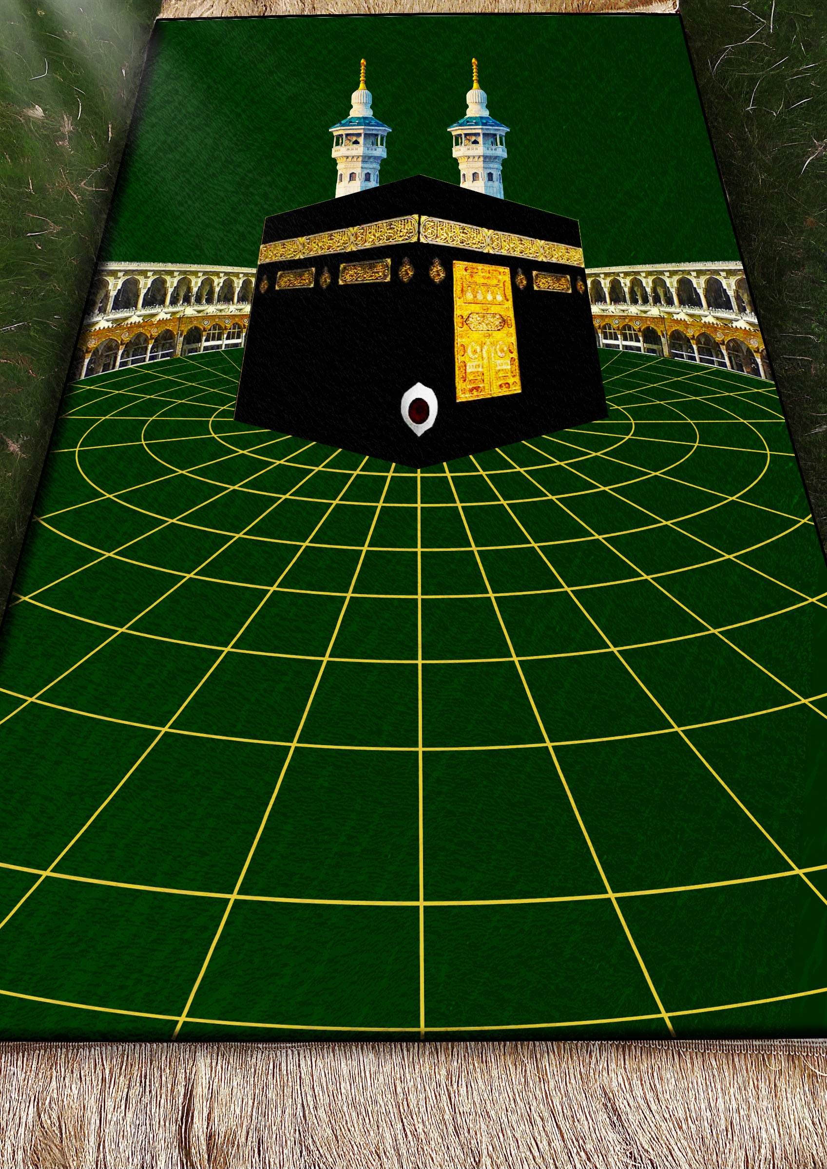 Yeşil Kabe Keten Astarlı Kadife Seccade - 70x120cm - Carpetella