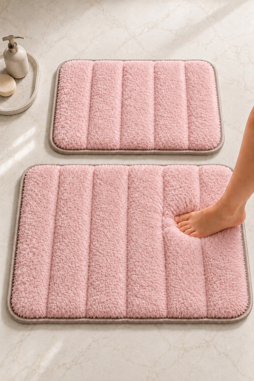 Süngerli Banyo Paspası Seti Kaymaz Taban - Pembe Peluş