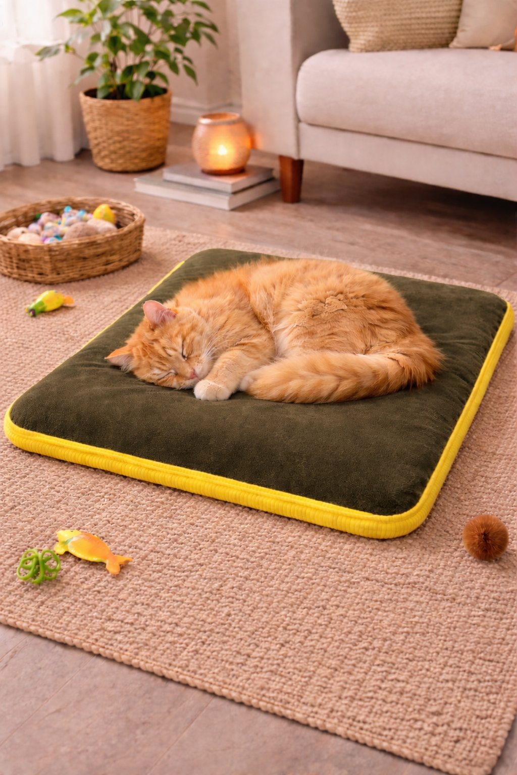 3 CM Süngerli Ortopedik Kedi Köpek Yatağı Haki Süet – Kaymaz Tabanlı Peluş Pet Mat Minderi