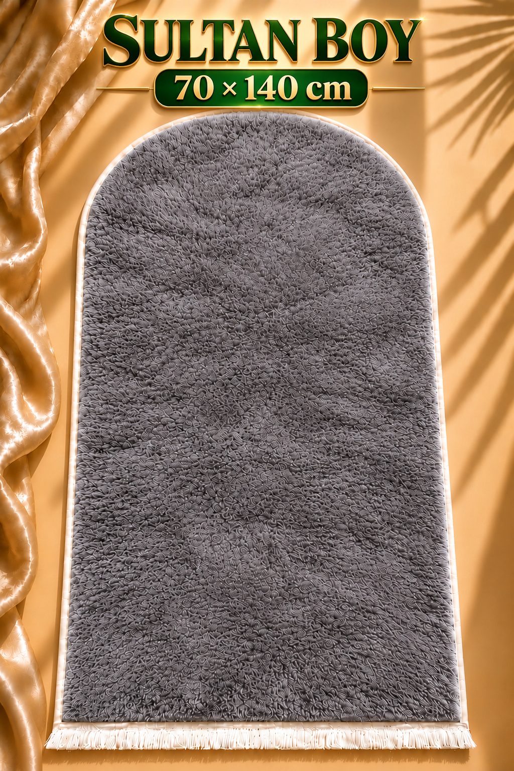 Sultan Boy Büyük Seccade Gri 70x140 cm – Yumuşak Peluş, Kaymaz Tabanlı