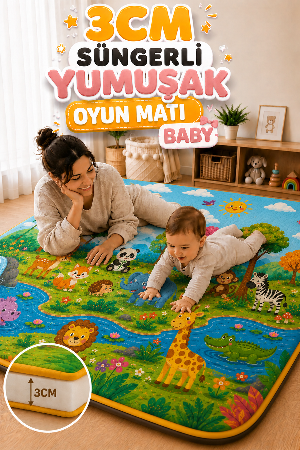 3 cm Süngerli Su Geçirmez Bebek Oyun Matı – Kaymaz Tabanlı Yumuşak Mavi