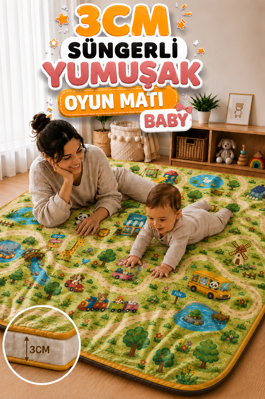 3 cm Süngerli Su Geçirmez Bebek Oyun Matı – Kaymaz Tabanlı Yumuşak