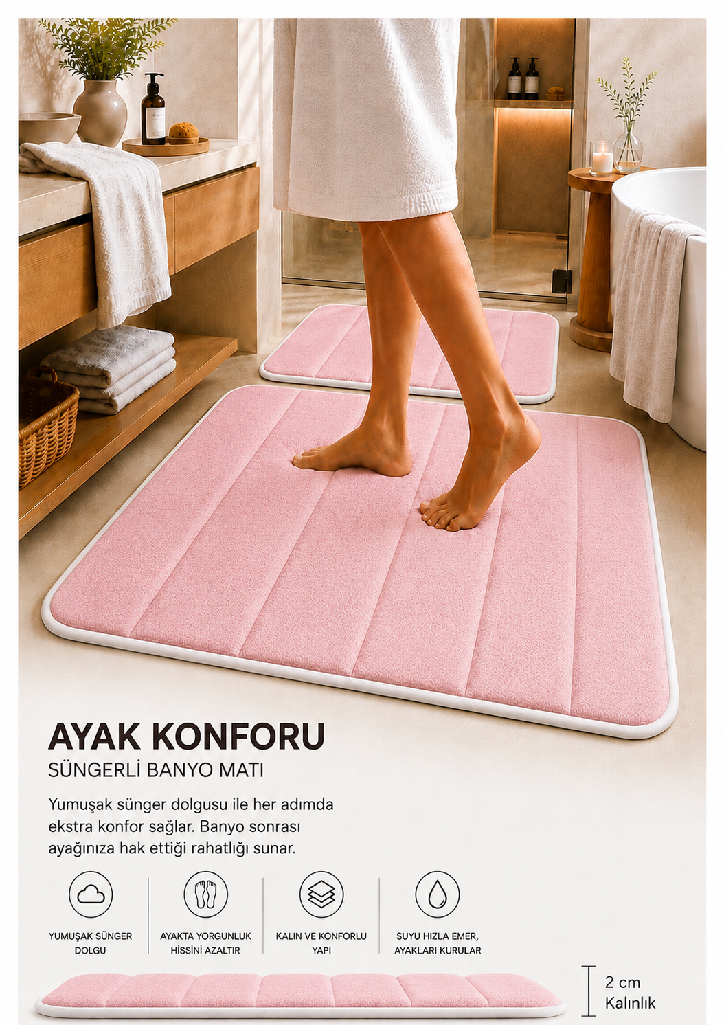Süngerli Banyo Paspas Seti 2'li - Pembe (60x80 cm & 40x70 cm)