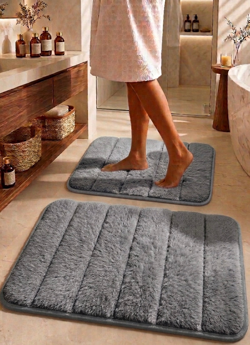 Süngerli Banyo Paspası Seti Kaymaz Taban - Gri Peluş
