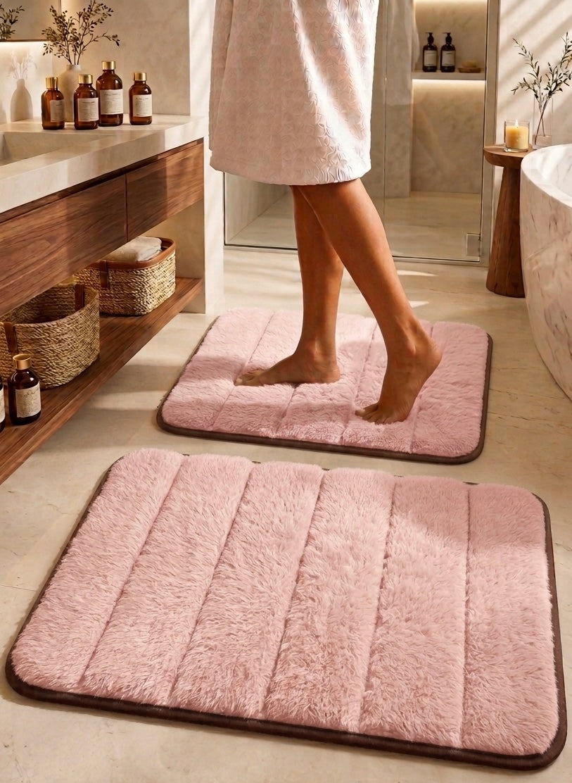 Süngerli Banyo Paspası Seti Kaymaz Taban - Pembe Peluş