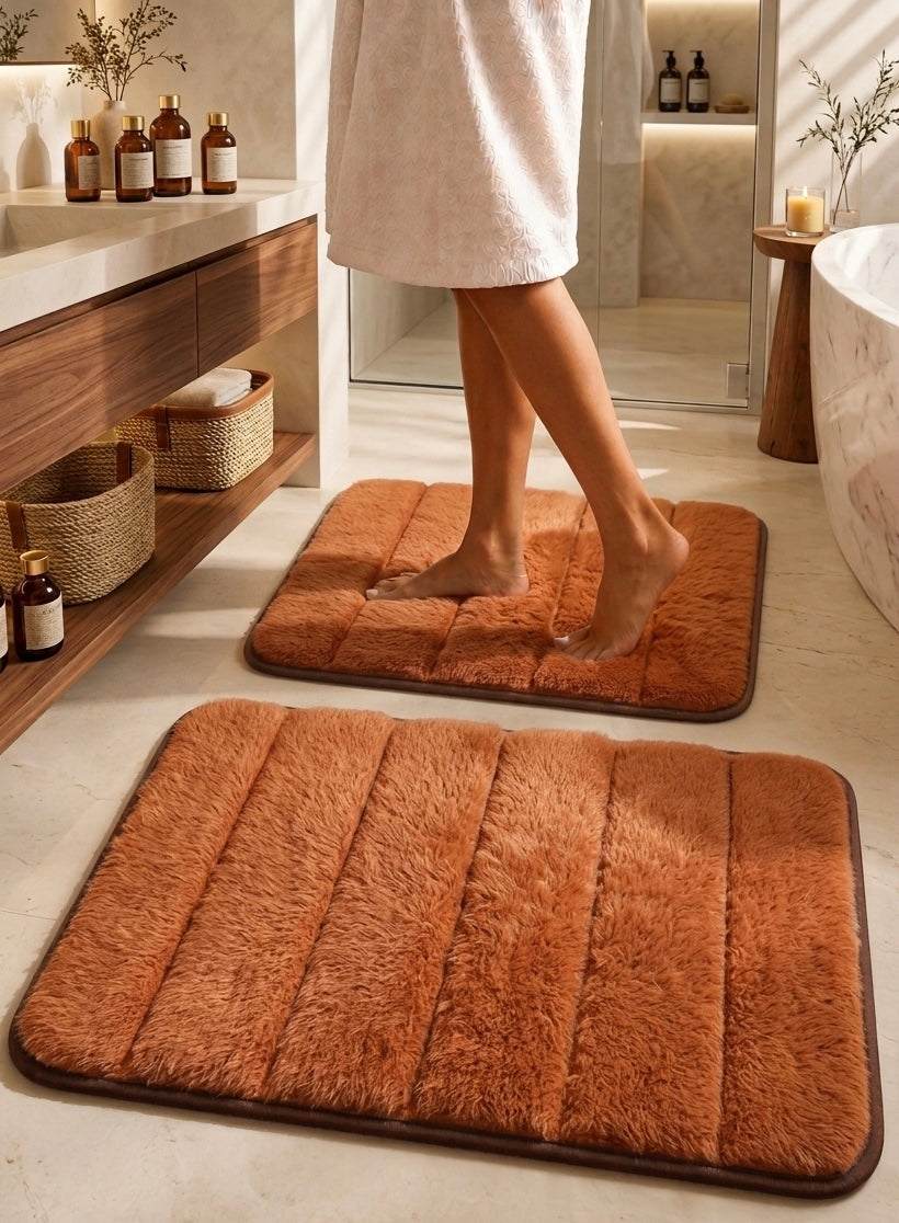 Süngerli Banyo Paspası Seti Kaymaz Taban - Kahverengi Peluş