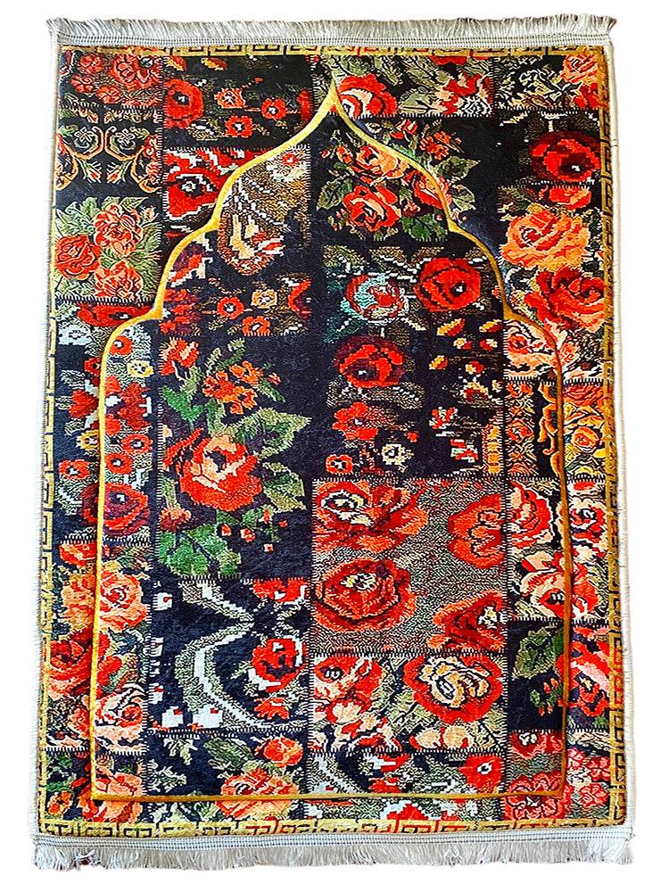 3 CM Süngerli Ortopedik Seccade - Çiçek Desenli Lüks Kadife Seccade - Carpetella