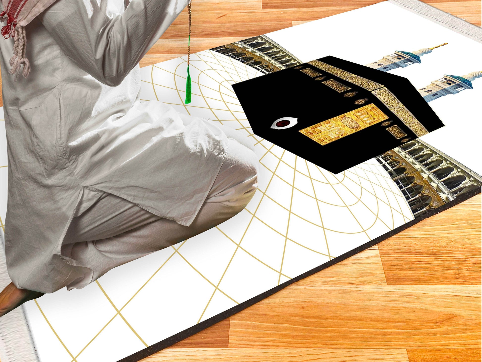 Beyaz Kabe Keten Astarlı Kadife Seccade - 70x120cm - Carpetella