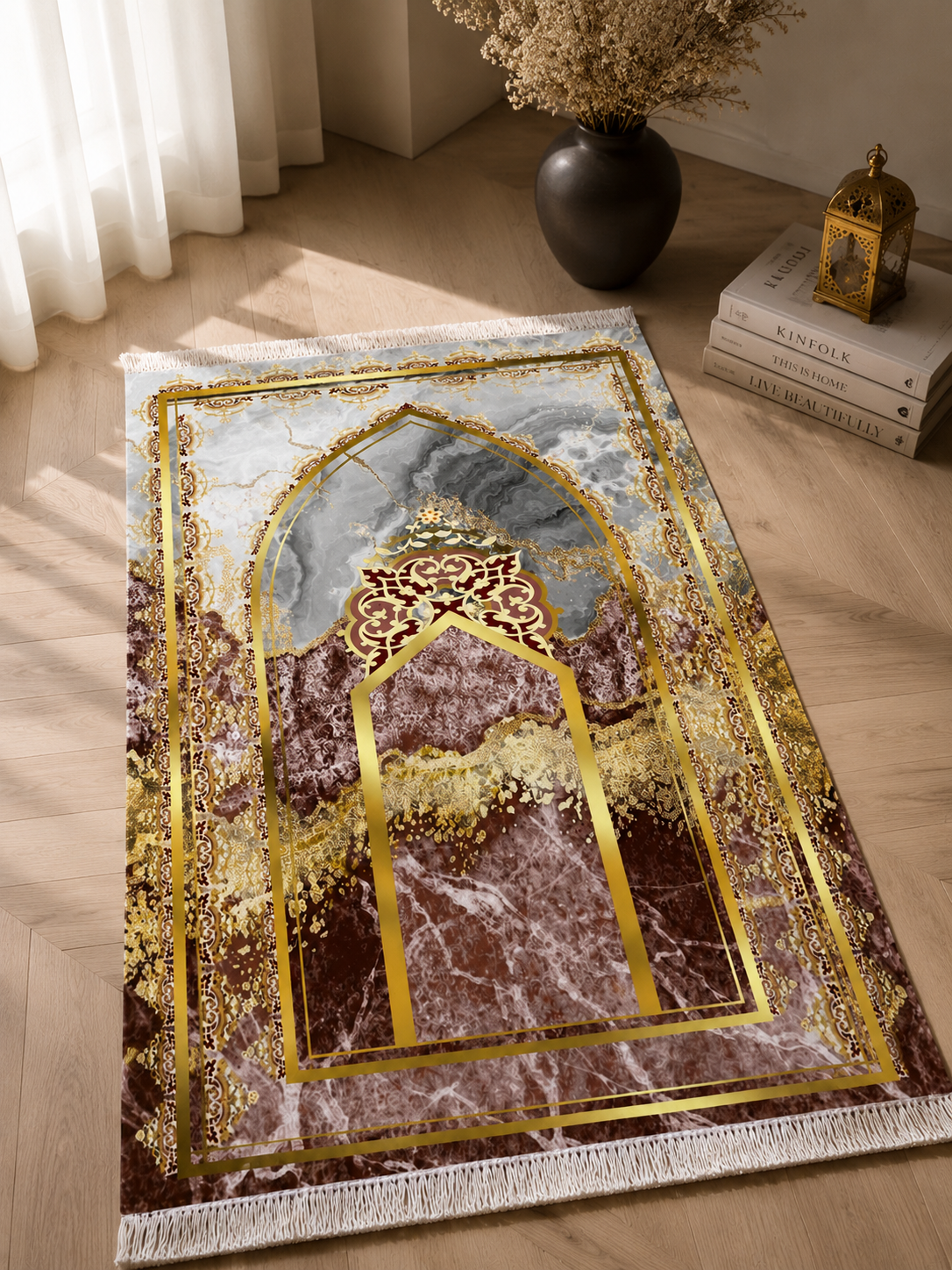 Kadife Seccade Kaymaz Taban - Mermer Gold