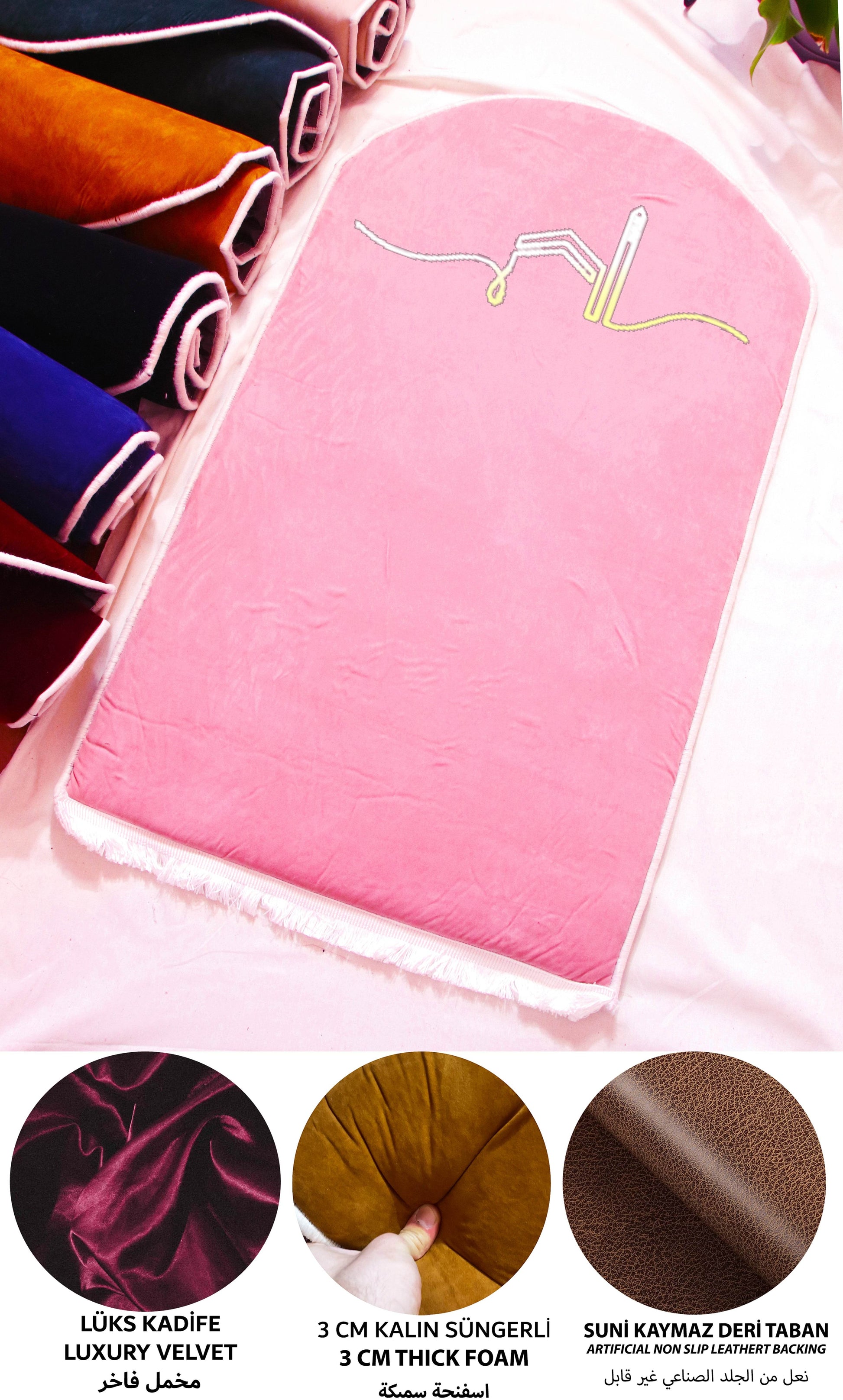 Pembe Kabe İşlemeli Kadife Seccade | Ortopedik 3cm Süngerli - Carpetella