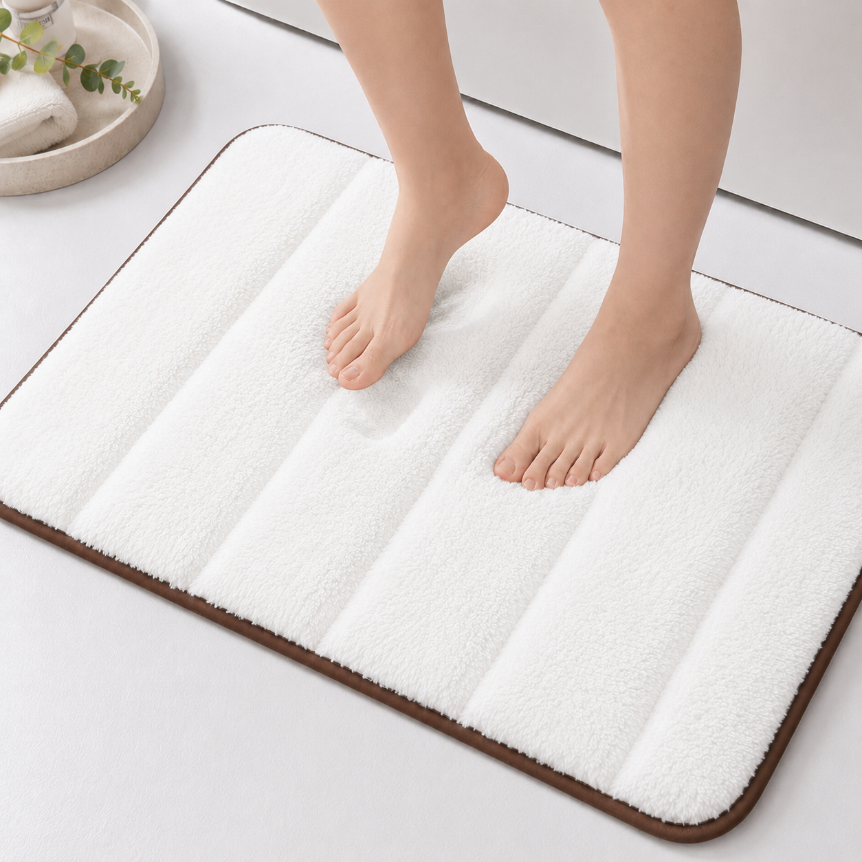 Süngerli Banyo Paspası Seti Kaymaz Taban - Beyaz Peluş