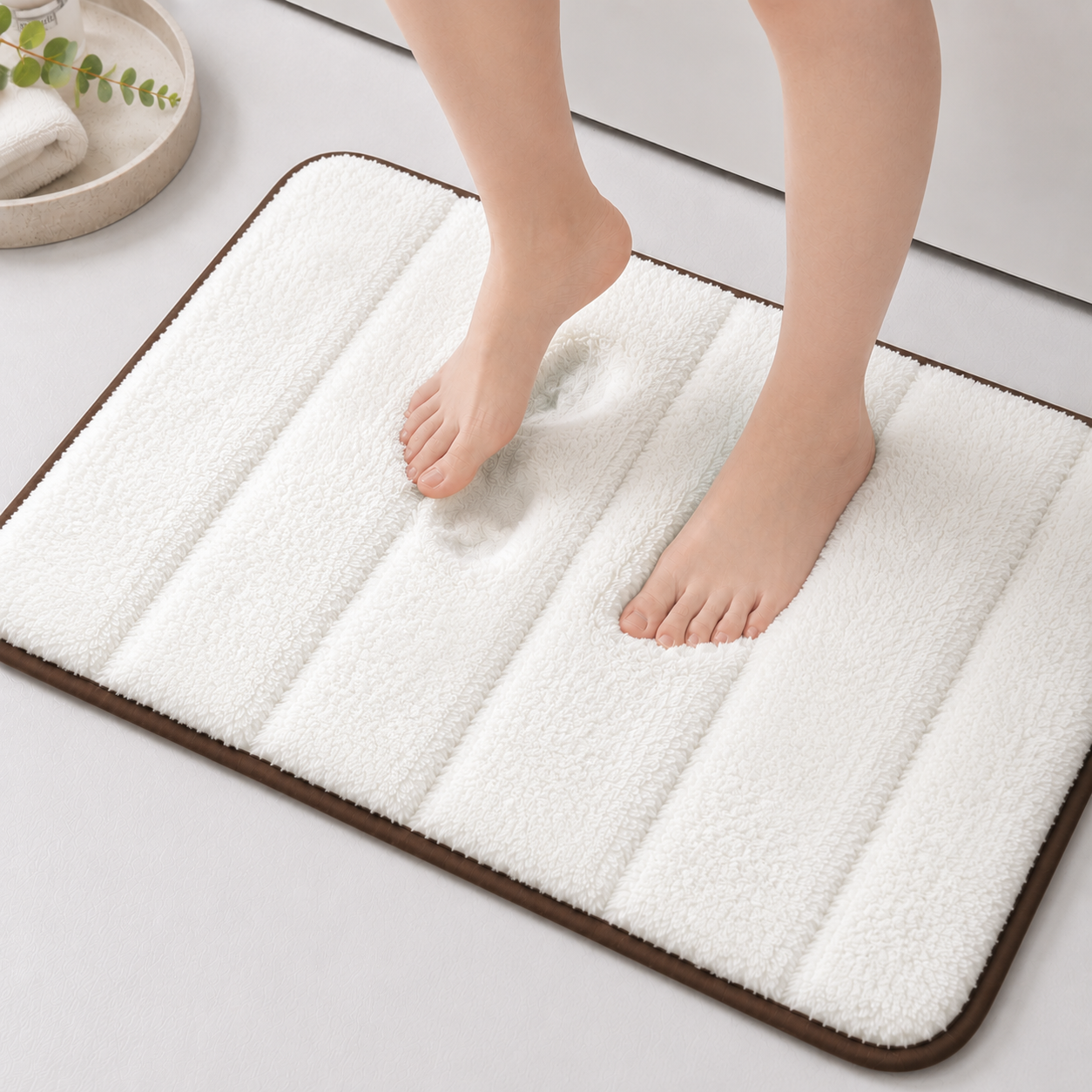 Süngerli Banyo Paspası Seti Kaymaz Taban - Beyaz Peluş