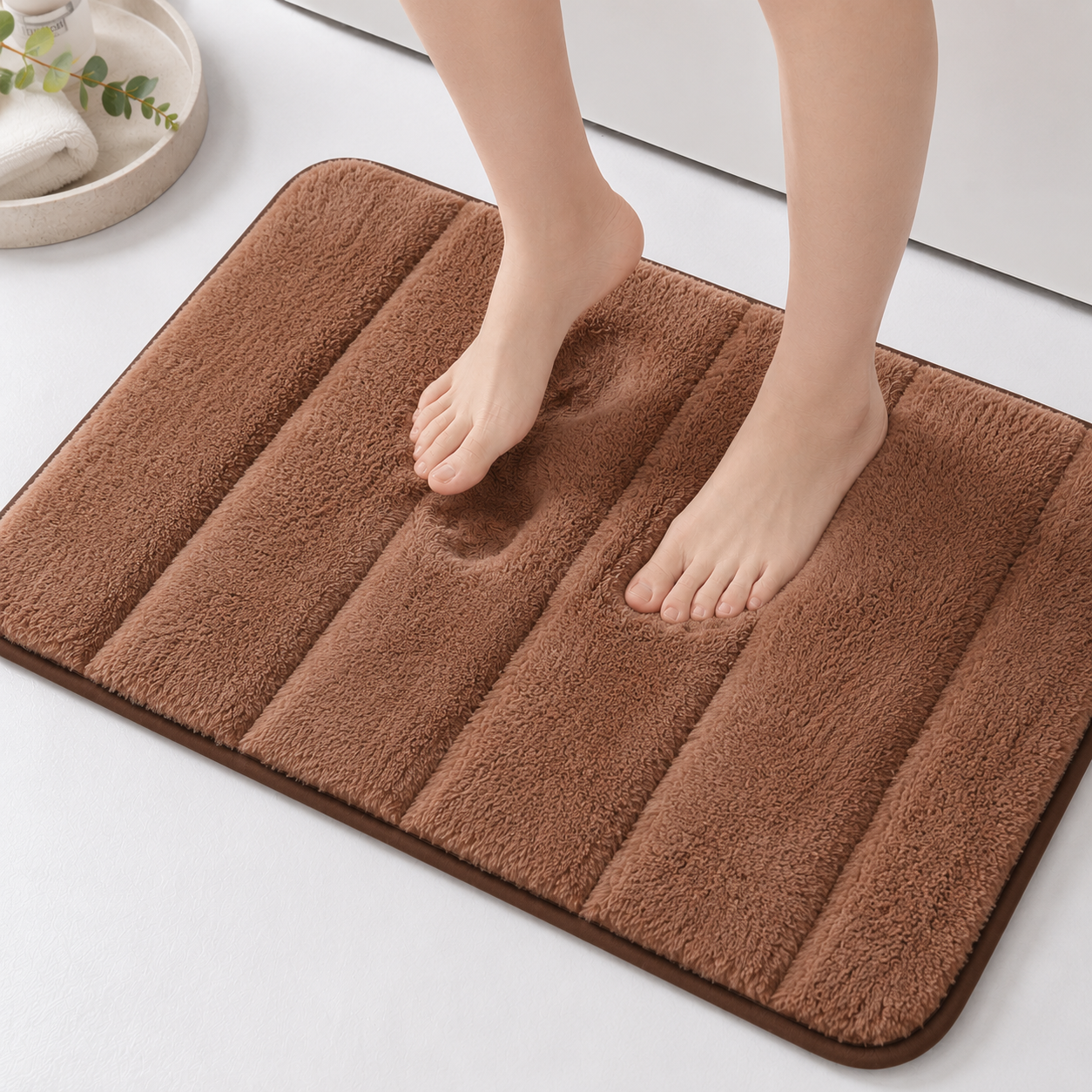 Süngerli Banyo Paspası Seti Kaymaz Taban - Kahverengi Peluş