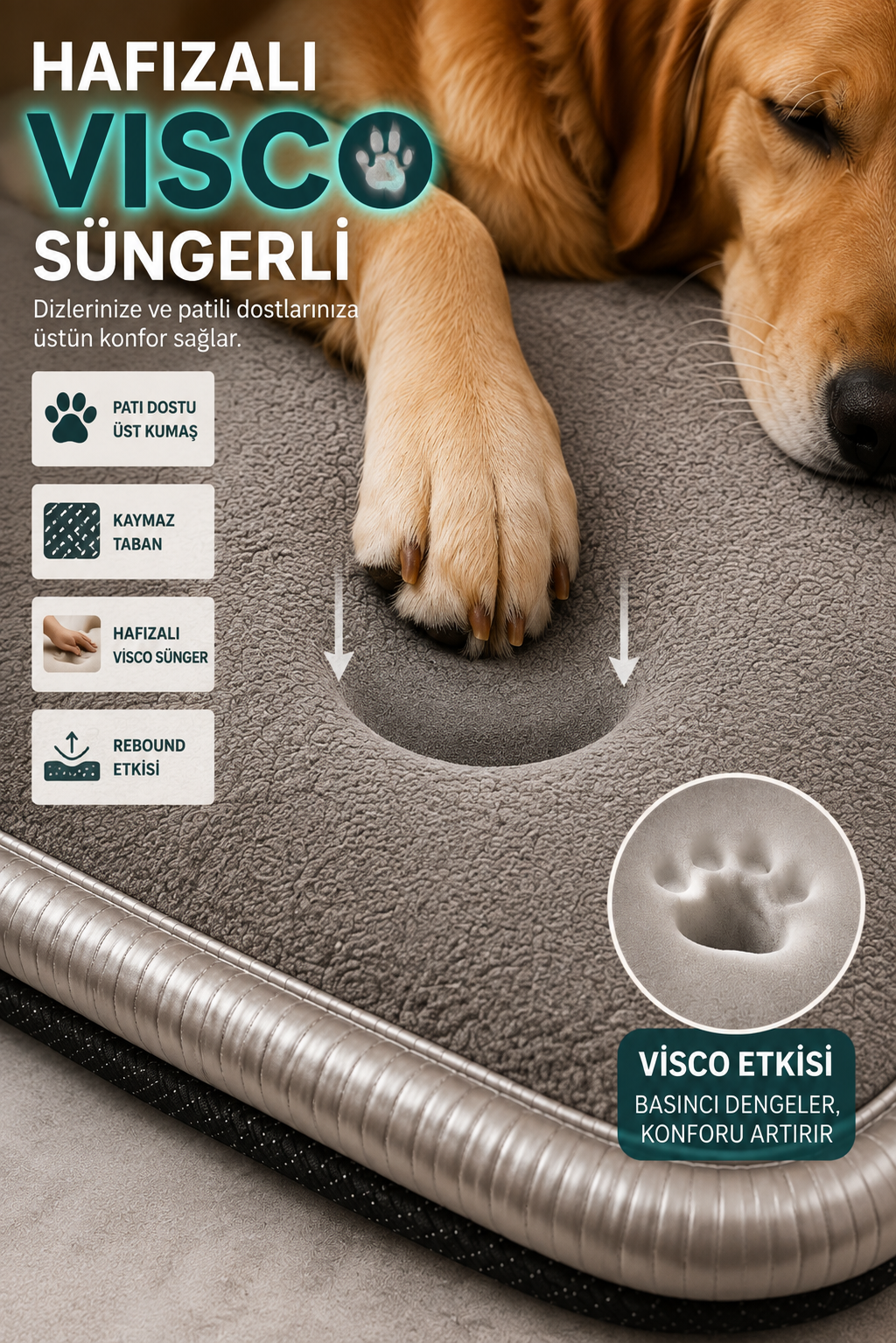 Visco Kedi Köpek Yatağı – 3 CM Hafızalı Sünger, Pati Dostu Gri Kumaş