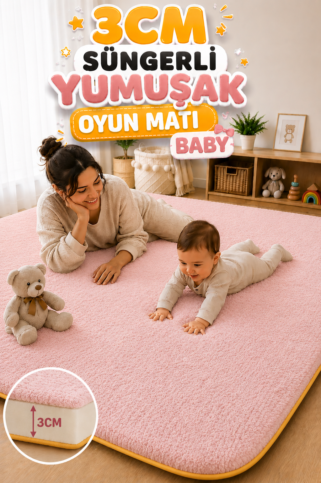 3 cm Süngerli Müslin Bebek Oyun Matı – Kaymaz Tabanlı Pamuk Pembe
