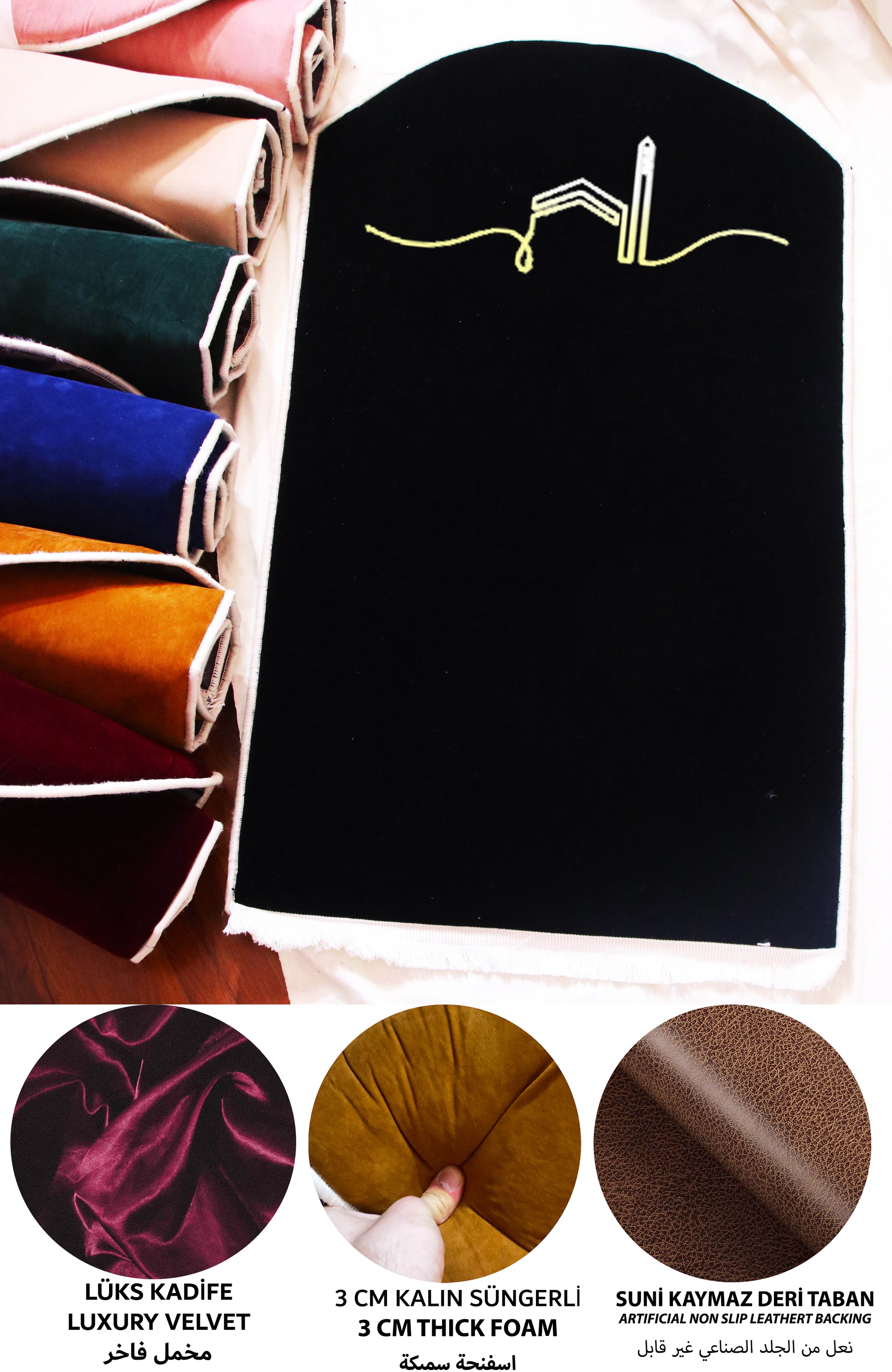 Siyah Kabe İşlemeli Kadife Seccade | Ortopedik 3cm Süngerli - Carpetella