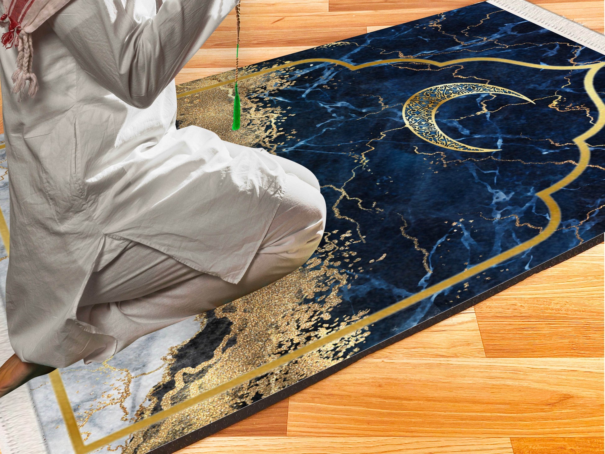 Lacivert Hilal Keten Kadife Seccade - 70x120cm - Carpetella