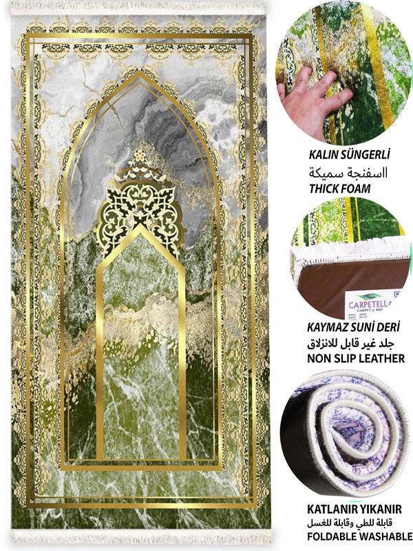 3 CM Süngerli Ortopedik Seccade - Yeşil Gold Kadife Kalın Süngerli - Carpetella