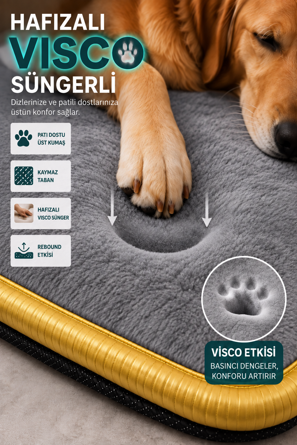 Visco Kedi Köpek Yatağı – 3 CM Hafızalı Sünger, Gri Welsoft Peluş