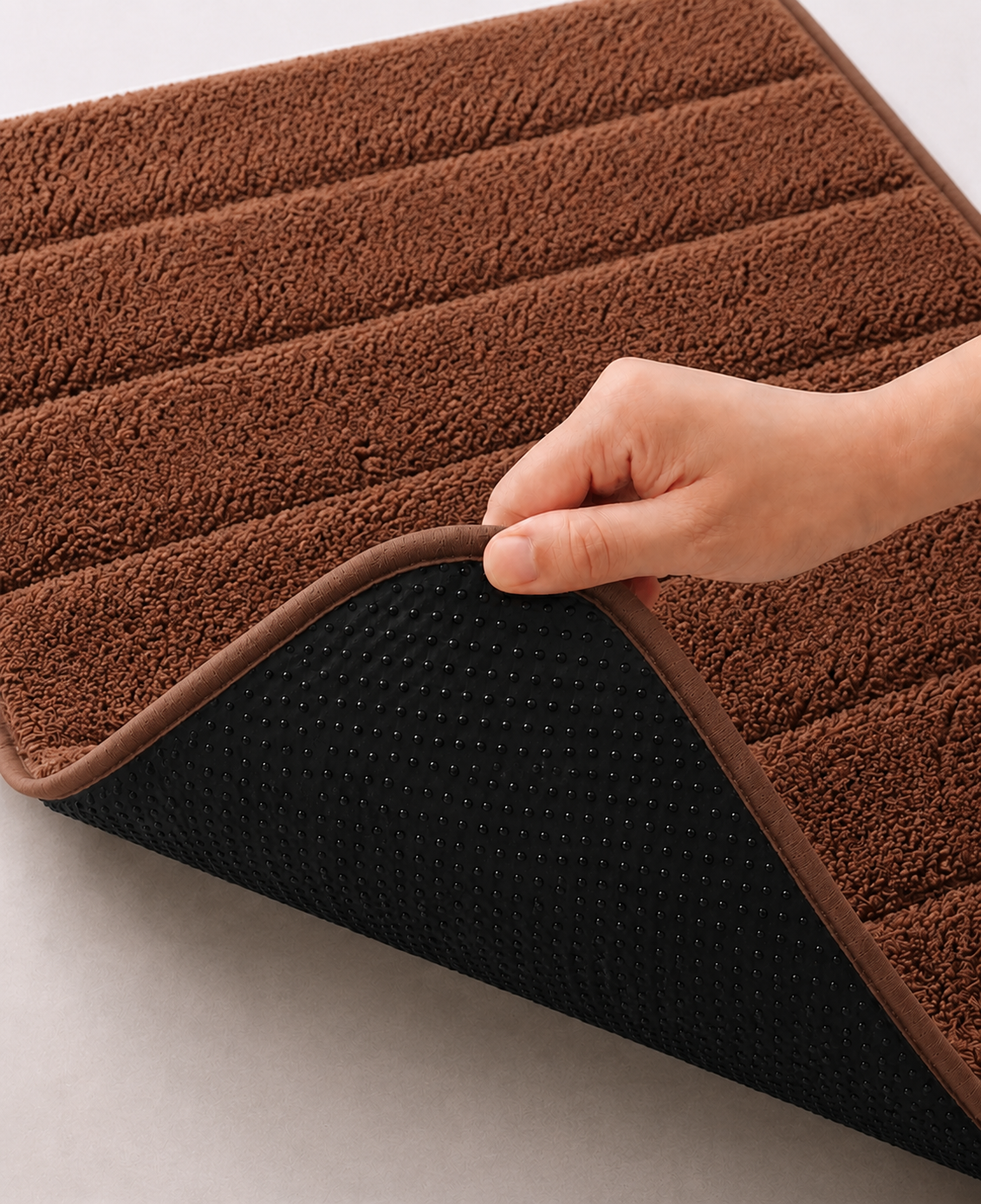 Süngerli Banyo Paspası Seti Kaymaz Taban - Kahverengi Peluş