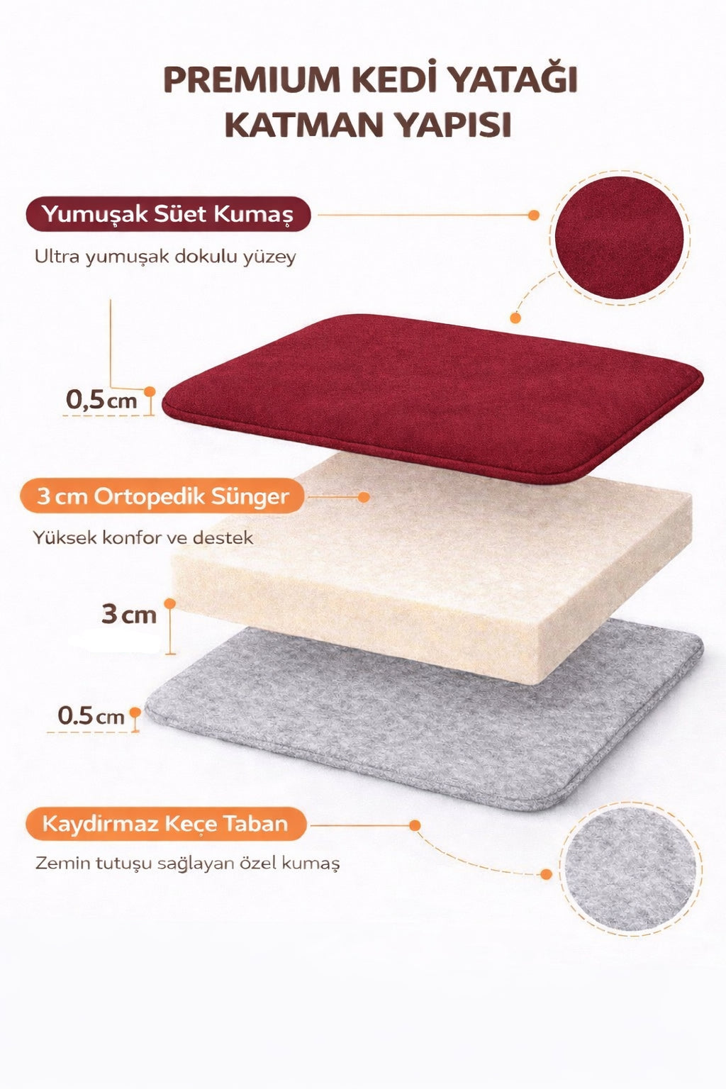 3 CM Süngerli Ortopedik Kedi Köpek Yatağı Bordo Süet – Kaymaz Tabanlı Peluş Pet Mat Minderi