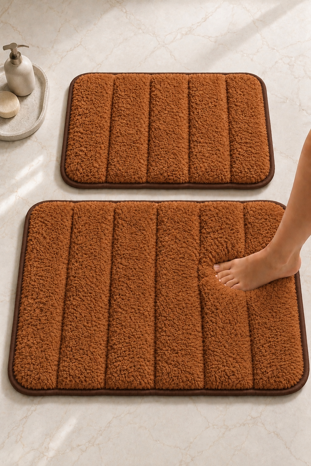 Süngerli Banyo Paspası Seti Kaymaz Taban - Kahverengi Peluş